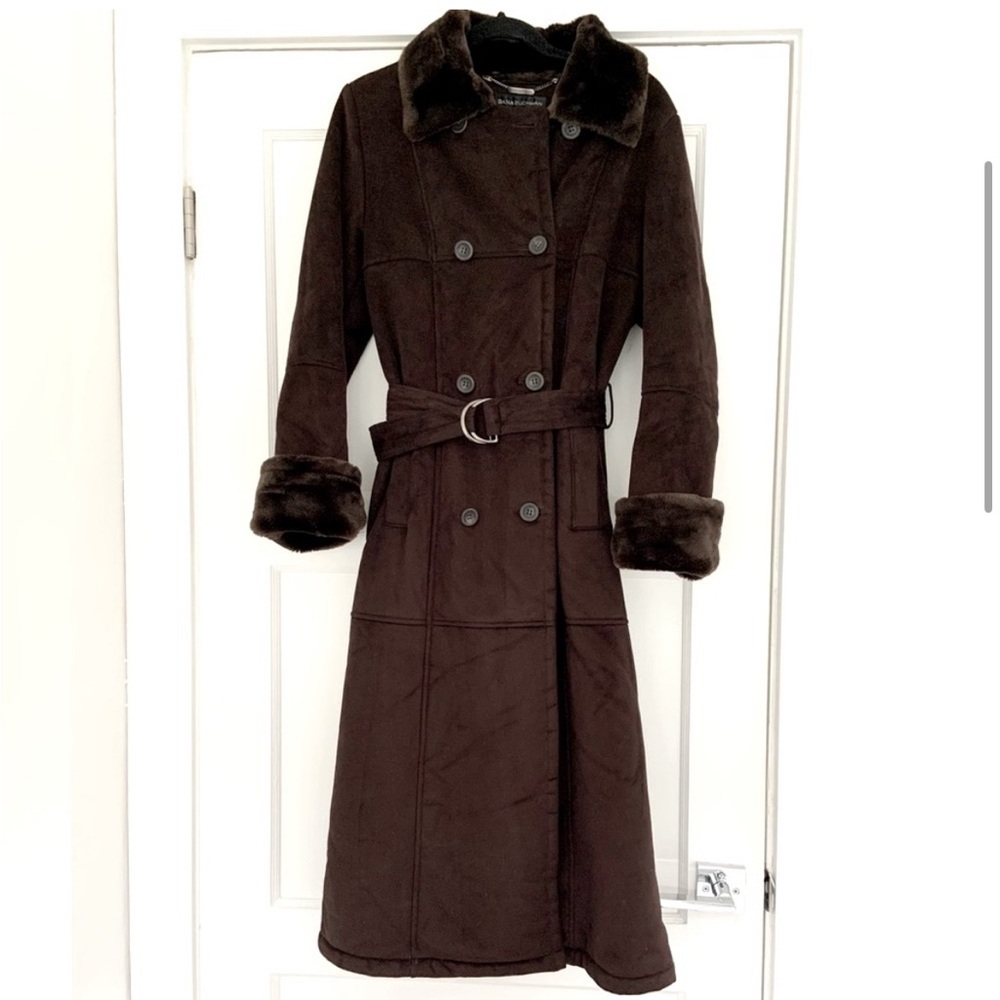 Dana Buchman Heavy Faux Fur Brown Long Belted Coat Medium Mob Wife Style Coat